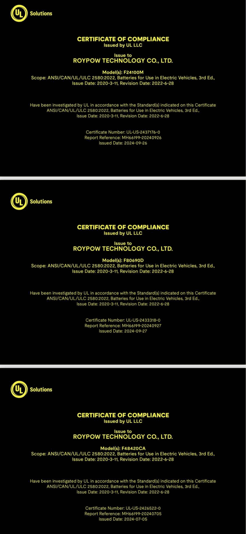 ROYPOW has obtained UL2580 certification